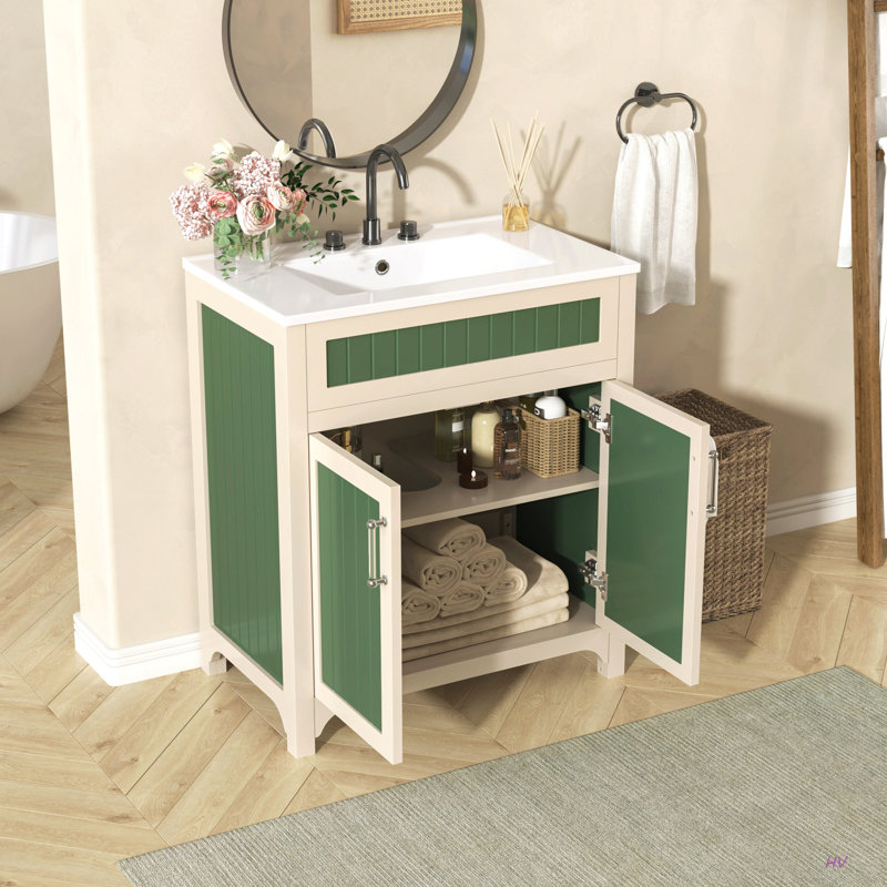 Ensemble de meuble-lavabo 30 po avec lavabo en céramique, meuble de rangement moderne avec cadre réglable en bois massif