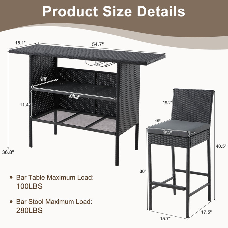 Wicker Bar Set with 4 Stools & Outdoor Bar Table, Black