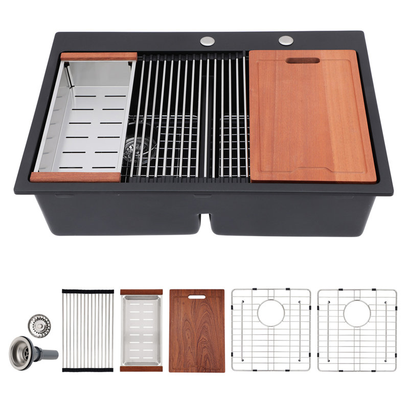 Quartz 33" L x 22" W Grantie Composite Drop-In Kitchen Sink 50/50 Double Bowl Workstation Sink with Accessories, Black