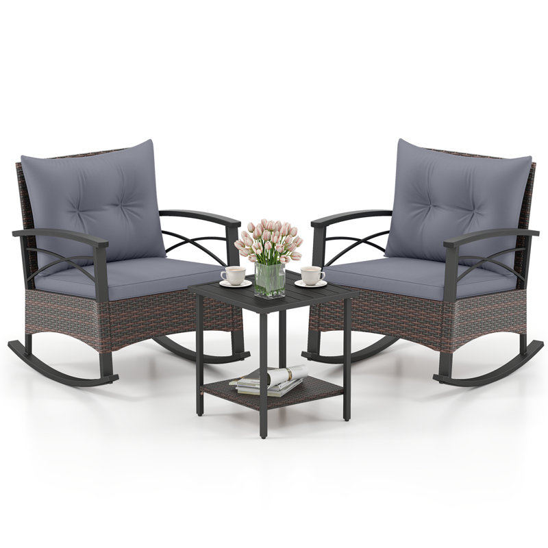 Winston Porter 3 Pcs Patio Rocker Set With 2-tier Coffee Table & Soft Seat Back Cushions Outdoor