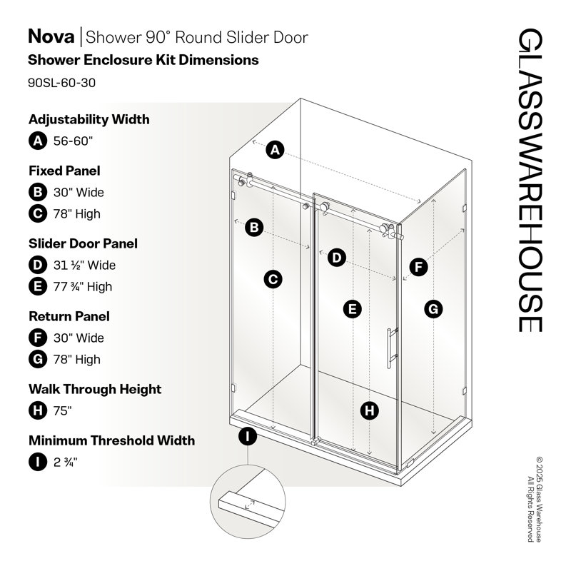 Nova 60 in. x 30 in. x 78 in. 90-degree Fully Frameless Sliding Glass Shower Enclosure, Matte Black