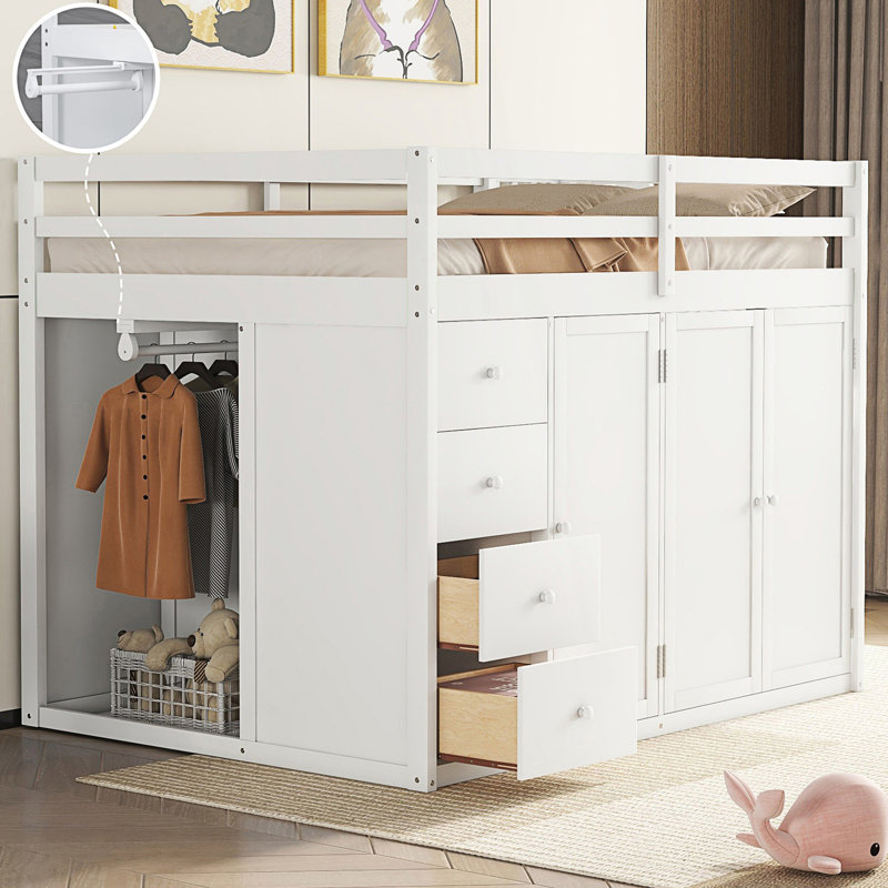 Lit mezzanine double avec armoires encastrées, armoire et tiroirs