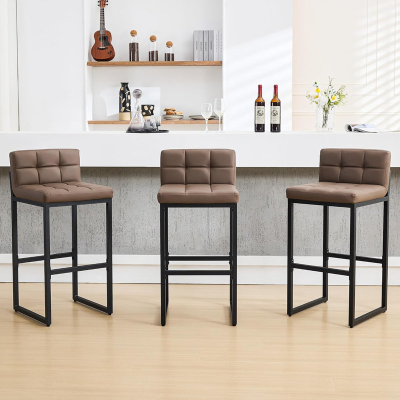 Upholstered Low Back Bar Stool with Thickened Metal Frame for Kitchen Island, Brown, Bar Stool  (30” Seat Height) , 3