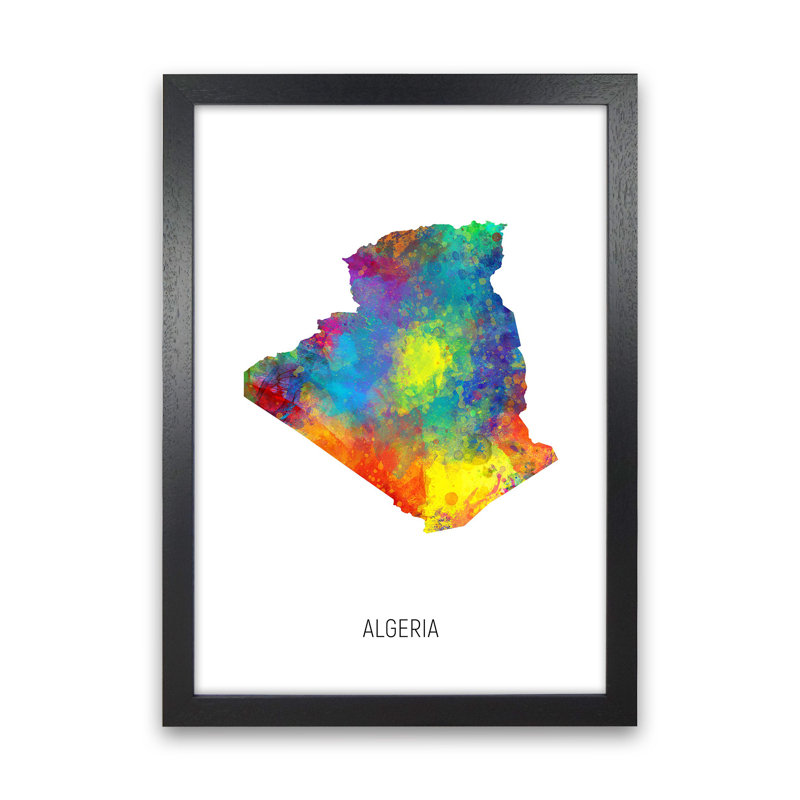 Algeria Watercolour Map by Michael Tompsett - Print, 88cm H x 64cm W x 3cm D, Black Framed