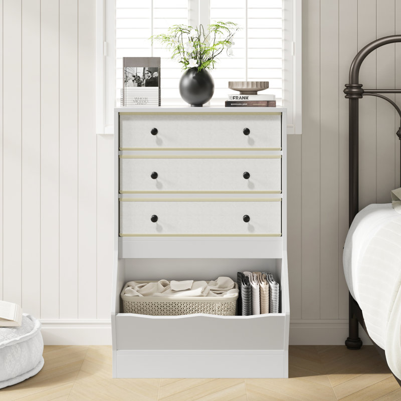 Wood Storage Cabinet With Fabric Dresser, Small Cabinet With Pu & Fabric Drawers, Modern Shelf Cabinet With Open Cube For Living Room