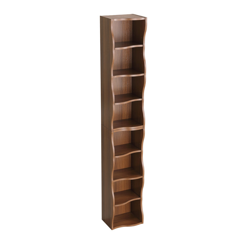 8-layer Adjustable Shelf Ultra-thin Bookshelf with Wavy Border Design for Aesthetic Home Office Storage, Walnut