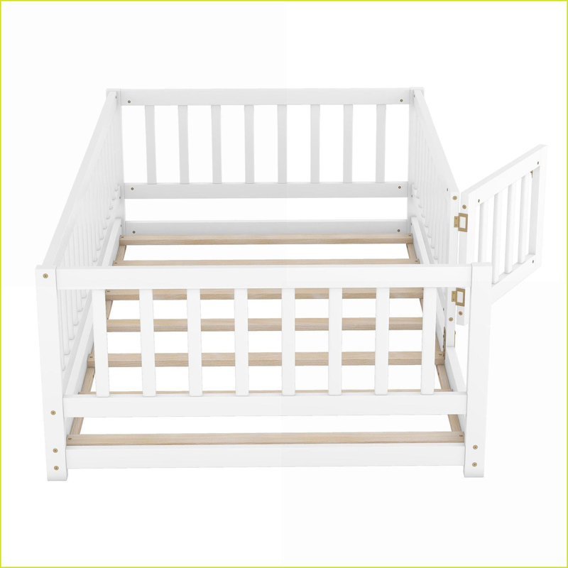 Twin Size Solid Pine Platform Floor Bed with Guardrails No Box Spring Needed White