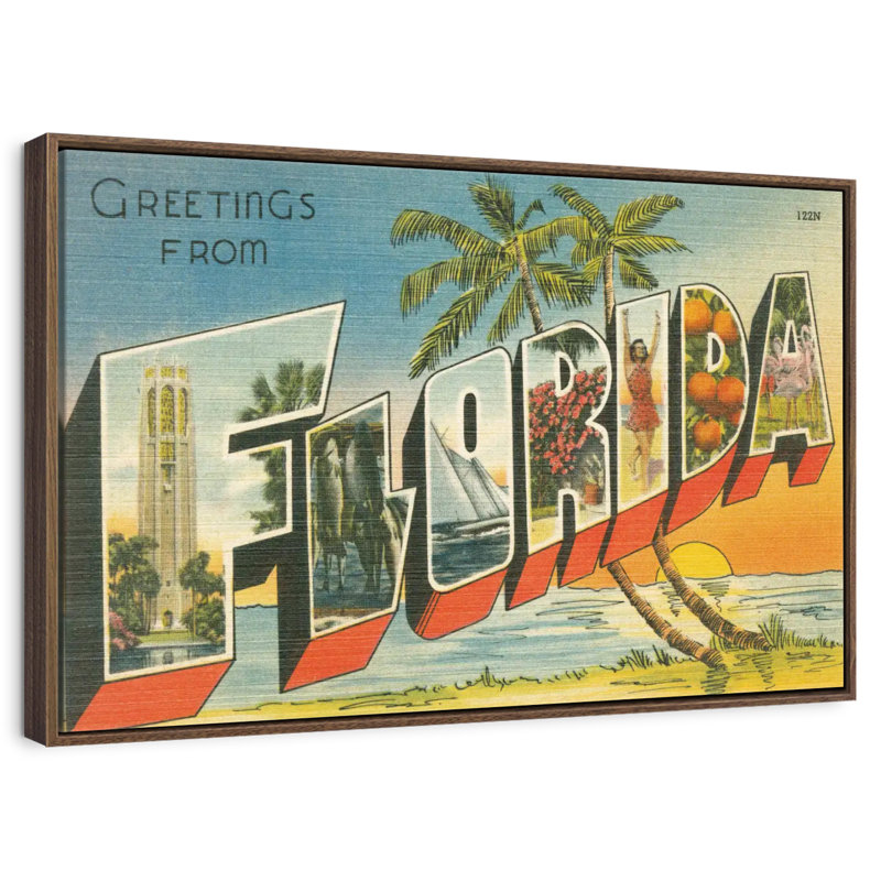 Greetings From Florida, 37 po x 25 po, Cadre flottant noyer