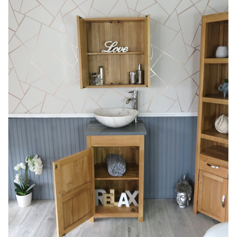 Scroggins 515mm Single Bathroom Vanity with Vessel Stone Basin, Oak, Grey Quartz