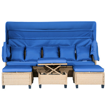 - Patio en résine résistant, bleu, design compact et 3 repose-pieds assortis pour la détente en plein air bleu avec auvent bloquant, solution de rangement, coussins rembourrés en mousse confortables