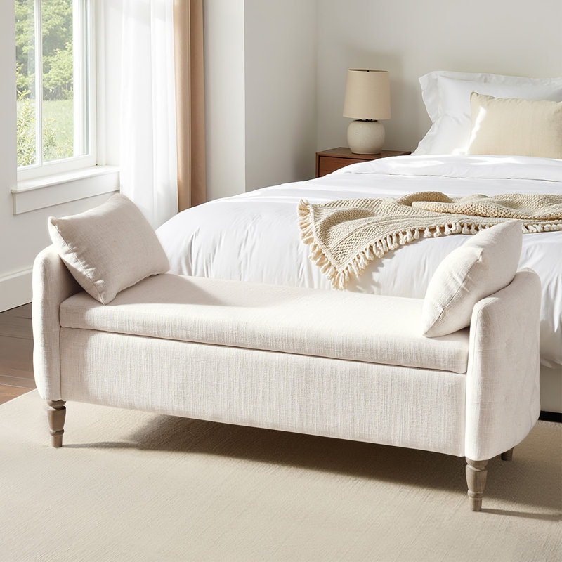 Aristides Farmhouse 59"W Flip Top Storage Bench with Two Pillows and Solid Wood Legs, Ivory