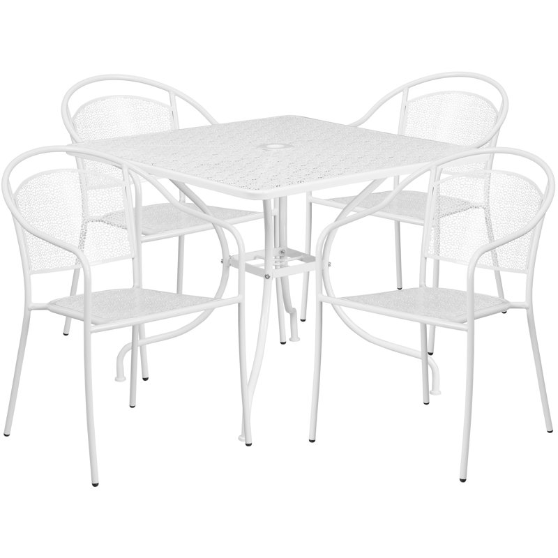 Chanea 35.5" Square Commercial Grade Steel Patio Table with 4 Round Back Chairs by Flash Furniture, White