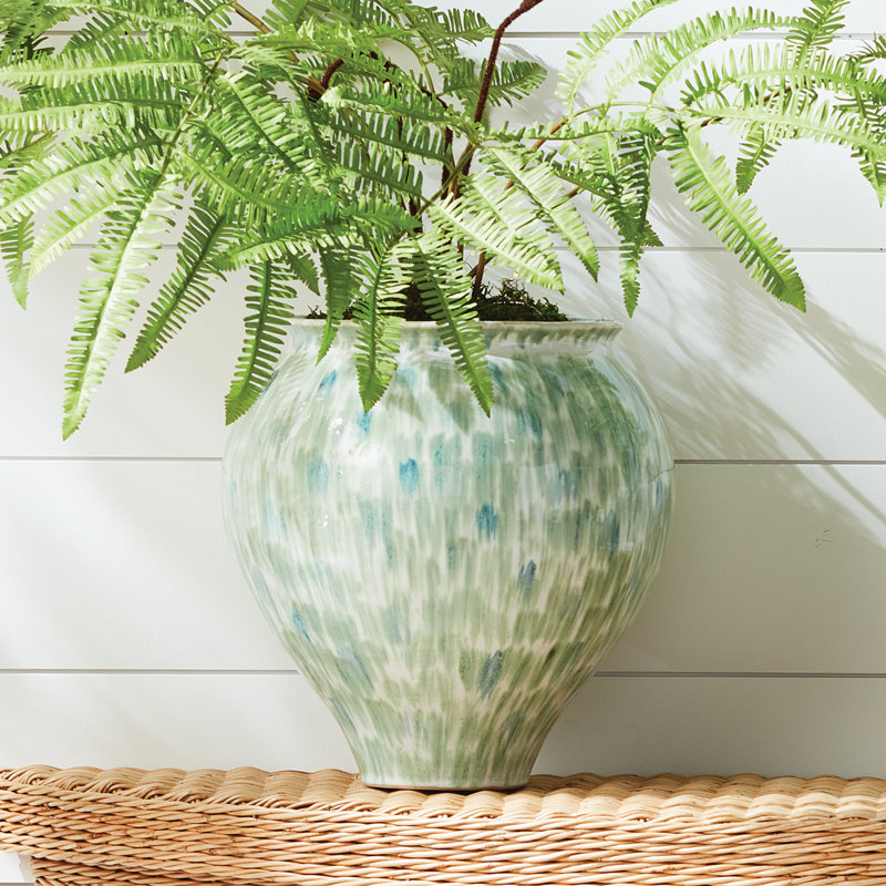 Stonecast High-Fired Stoneware Hand-Painted Grande Vase Large in Green/Blue, 14" H x 13.75" W x 13.75" D