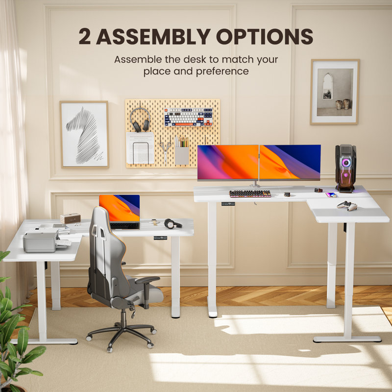 Kokontis 63" L Shaped Height Adjustable Electric Corner Computer Stand Up Desk, White