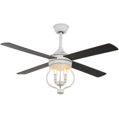 Ventilateur de plafond Kahliel de 48 po avec cage, éclairage et télécommande, moteur CC réversible à 6 vitesses, style ferme, en bois massif, idéal pour les chambres à coucher.