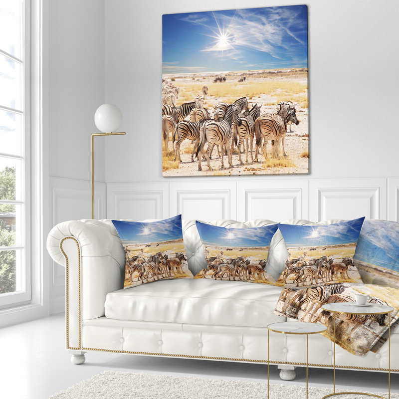 African Beautiful Herd of Zebra on Bright Day Pillow, 16" x 16", Throw Pillow