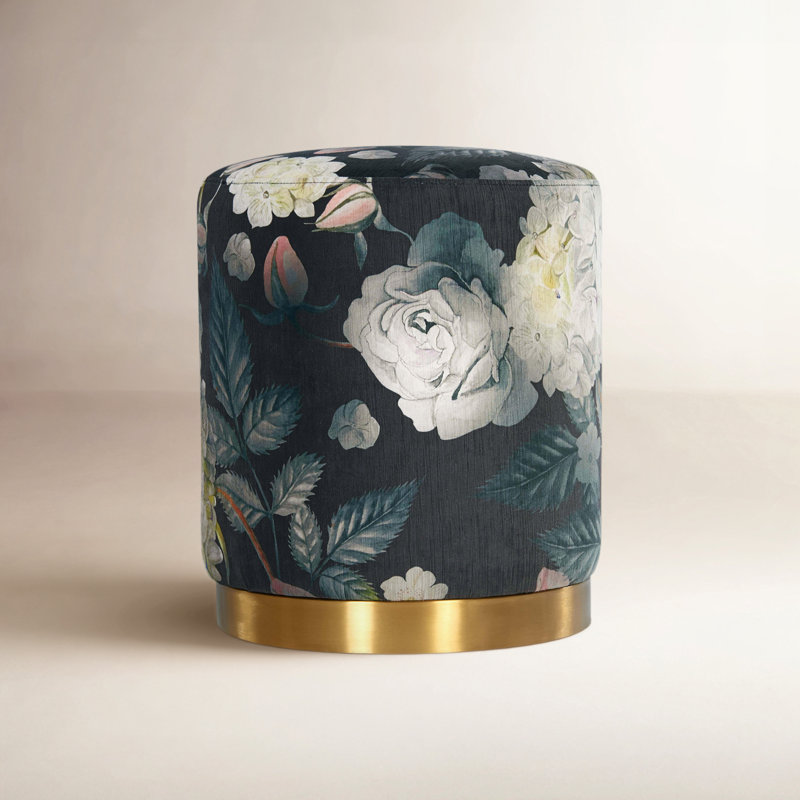 Fresno 16" Wide Velvet Round Standard Ottoman, Navy Floral Velvet, Gold