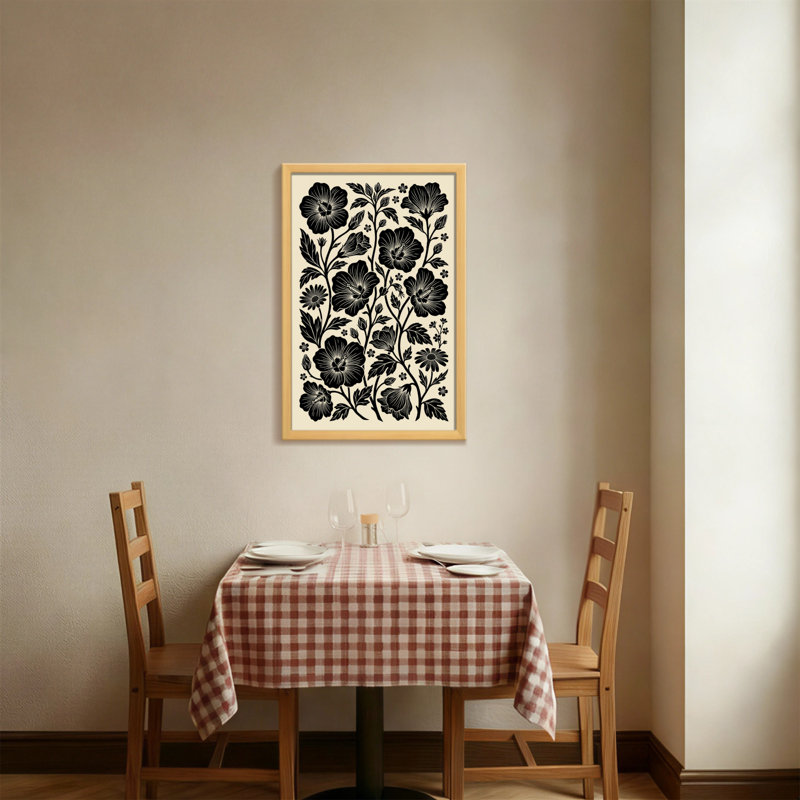 Plantes et fleurs à motif floral noir sur fond crème, H 24 po x l 16 po