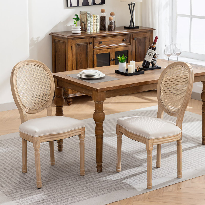 Meuble, cadre en bois massif de style français, peinture antique, toile de lin, dos en rotin, Lin beige
