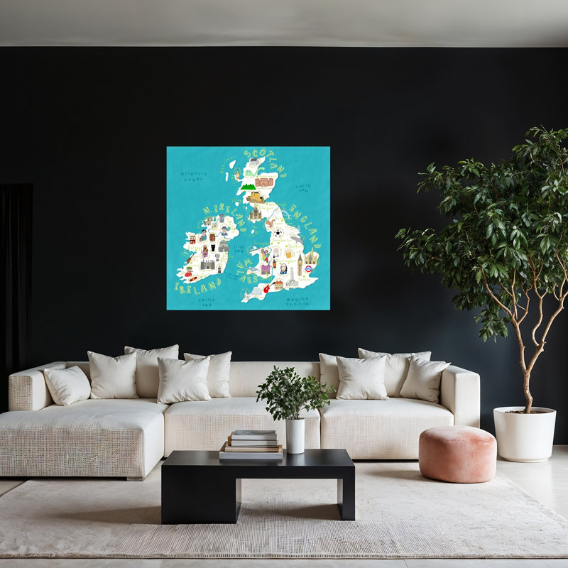 Whimsical British Isles Map Colorful Traditional Whimsical City Wall Art Print by Carla Daly - Wrapped Canvas Print