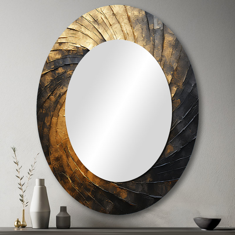 Gold Black Spiral Poteries I - Modern Oval Wall Mirror, 43" x 33"
