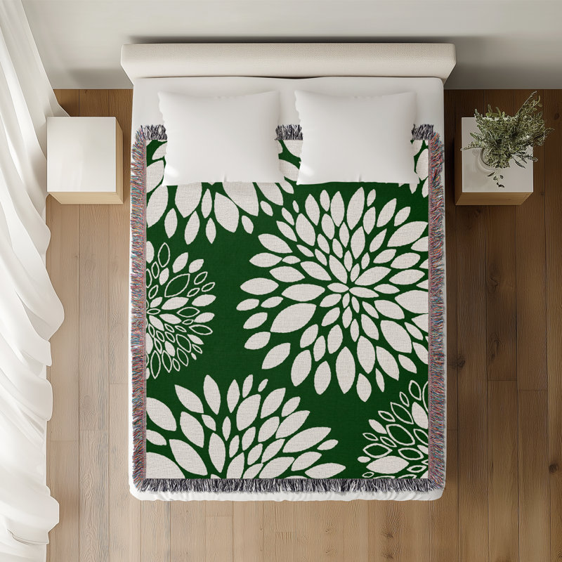 Jeté floral en coton, Vert, 60 po x 80 po