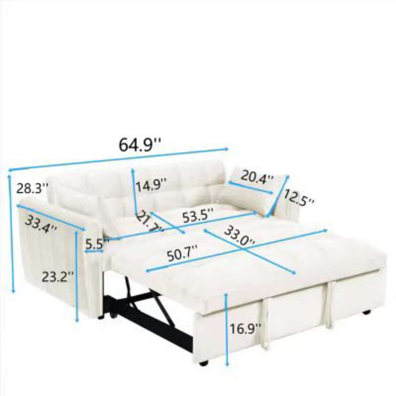 Canapé-lit à accoudoirs arrondis avec coussins 64,98 po, Beige