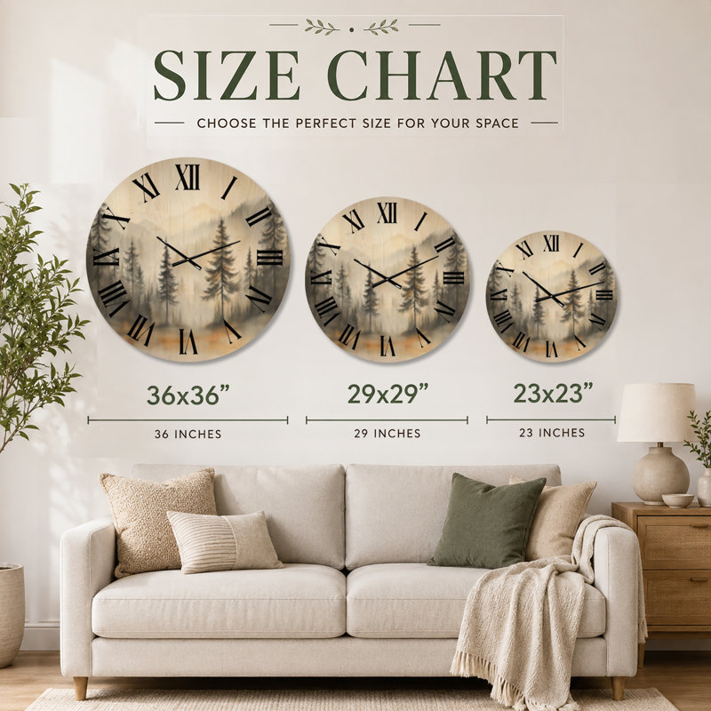 Forêt de pins Golden Mist I - Horloge murale rustique ronde en bois, Très grand
