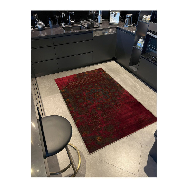 Tapis décoratif rétro bourgogne traditionnel lavable à la machine, Tapis de couloir 3 pi 3 po x 6 pi 7 po