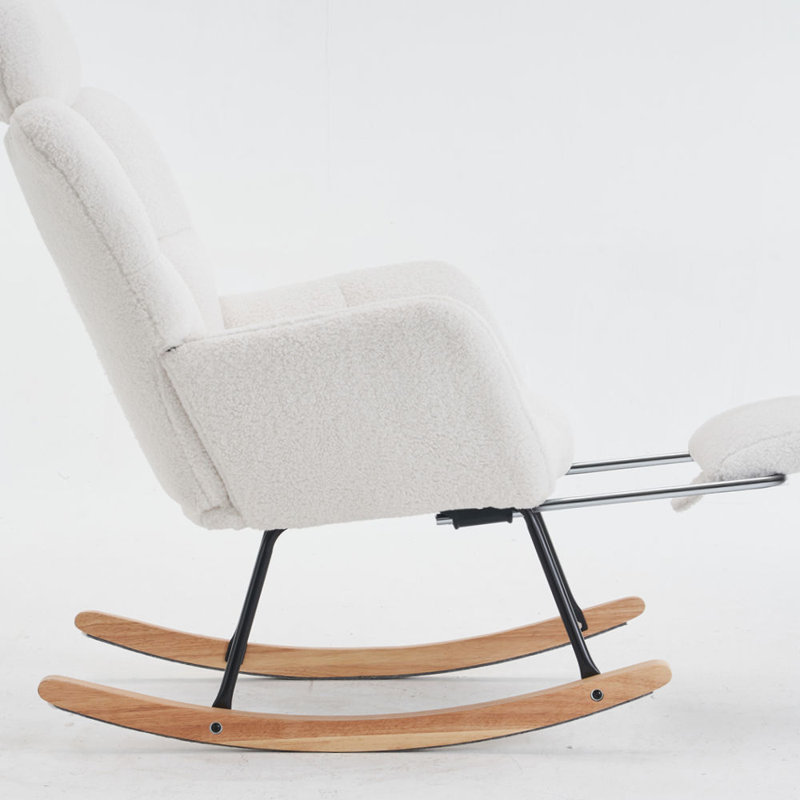 Fauteuil oscillant berçant en tissu avec coussins et repose-pieds Teddy, Ivoire ivoire