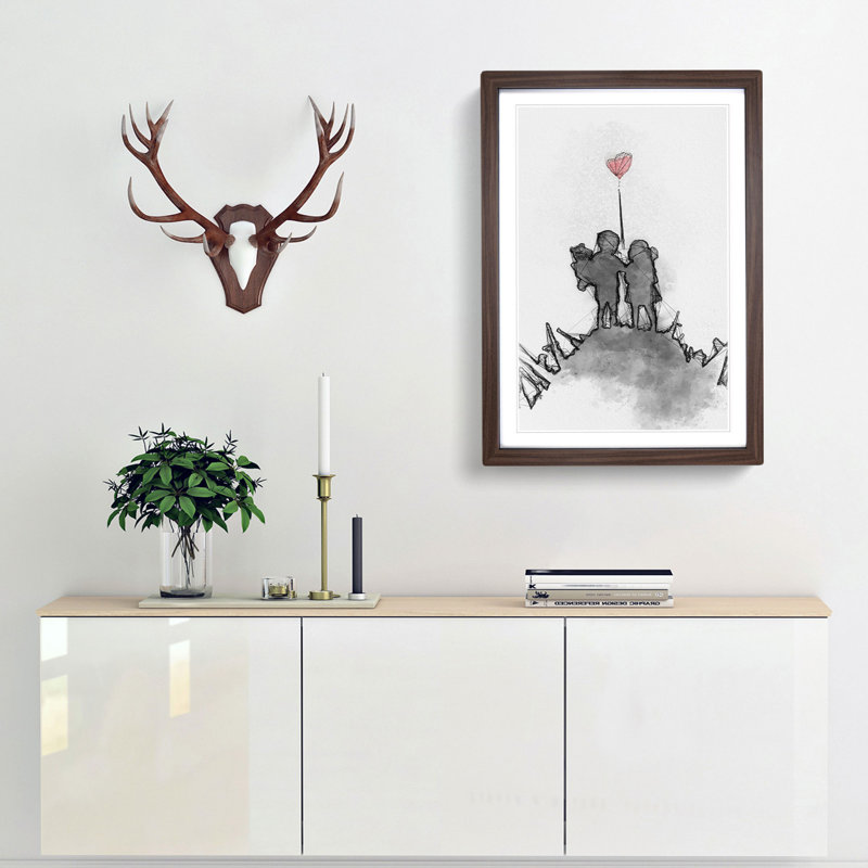 Boy & Girl with Red Balloon in Abstract - Picture Frame Painting Print, 87cm H x 62cm W x 2cm D, Walnut Framed