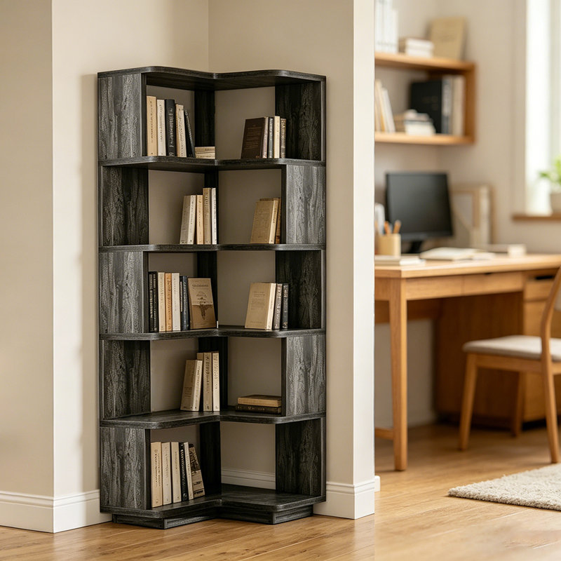 Bibliothèque d'angle à 6 niveaux, bibliothèque autoportante en forme de L pour le bureau à domicile, chambre à coucher, Gris