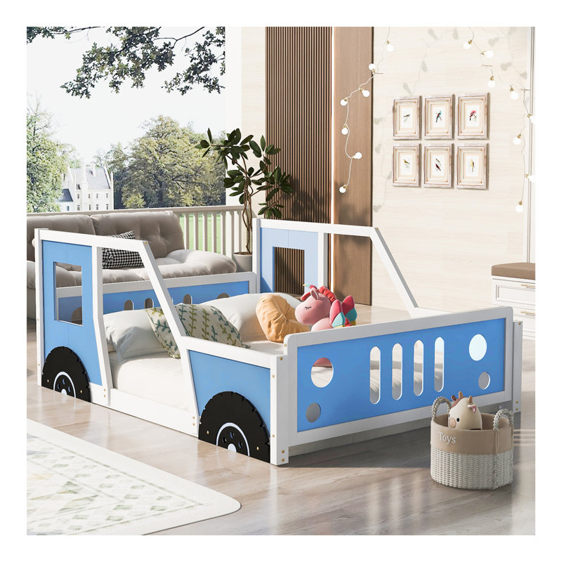 Lit plateforme double classique en forme de voiture avec roues, bleu, Lit double, Bleu