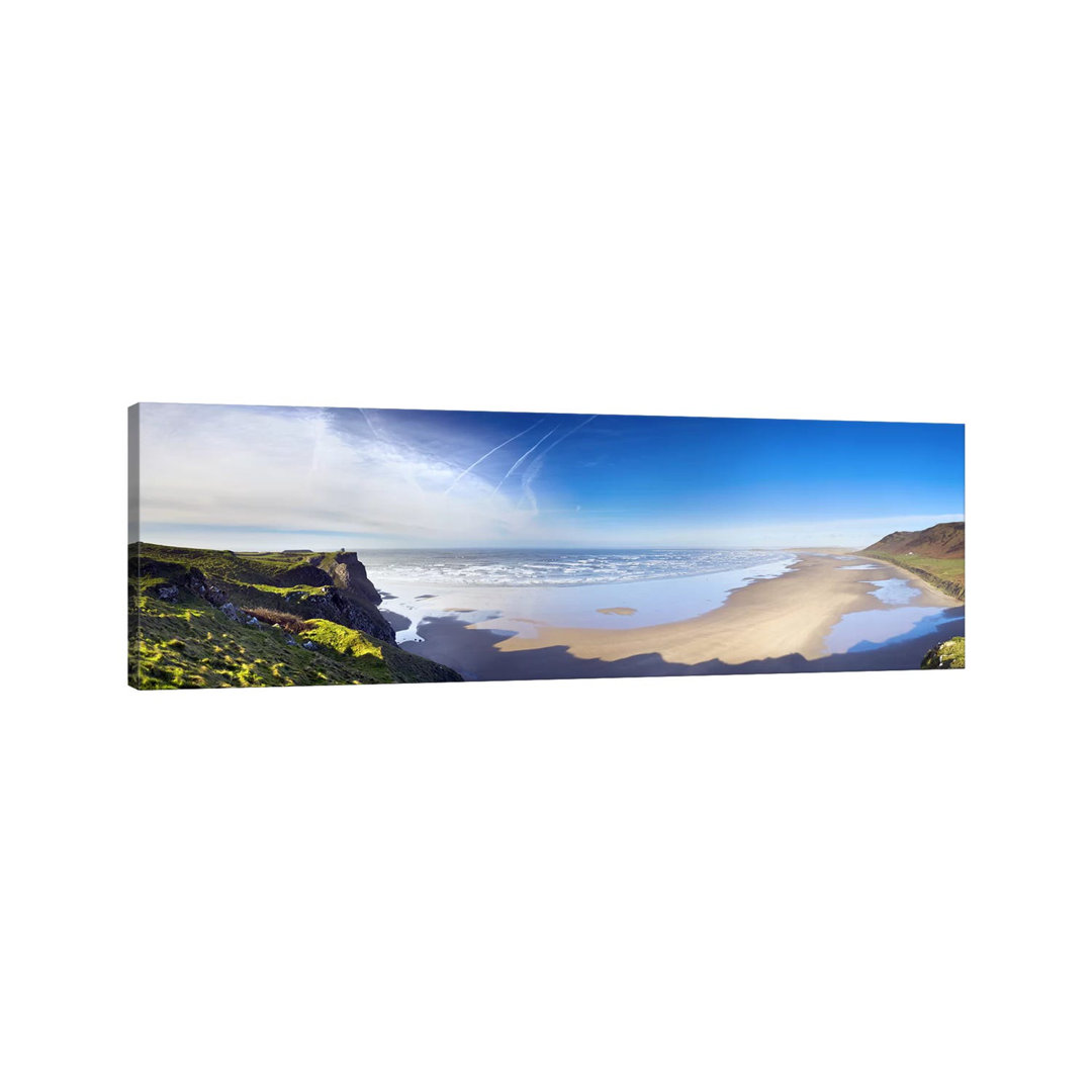 Coastal Landscape Featuring Llangennith Sands & Rhossili Bay, Gower Peninsula, Wales - Wrapped Canvas Panoramic Print