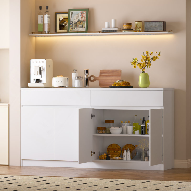 Buffet buffet, armoire de rangement avec 2 tiroirs et 4 portes, table basse en bois pour la salle à manger, Blanc