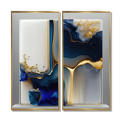 Abstract Geode Gold And Blue Marble Shape - Abstract Marble Wall Art, Blue Abstract Canvas Print 2 Piece
