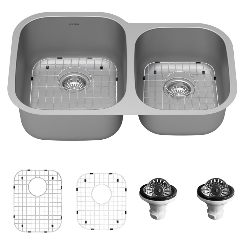 Ensemble d'évier de cuisine à double cuve encastrable en acier inoxydable de 31 1/2 po x 20 1/2 po Karran, Calibre 16