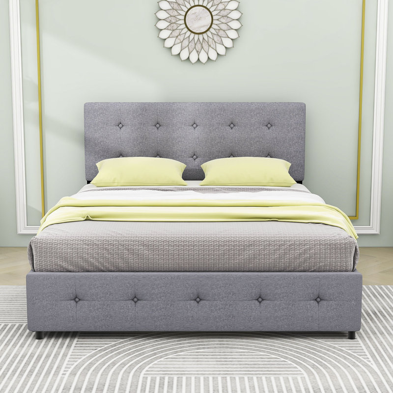 Upholstered Platform Bed with Headboard and 4 Drawers, Light Gray