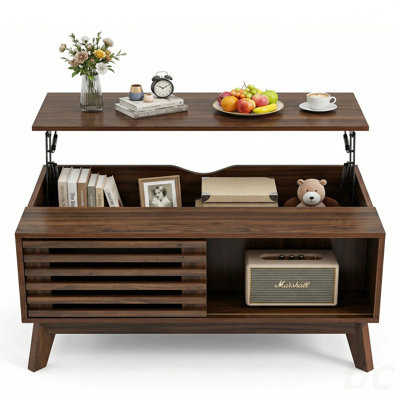 Lift Top Coffee Table With Storage, Mid Century Modern Coffee Table With Slatted Sliding Door And Hidden Compartment, 35.4'' Coffee Table With Lifting Top, Coffee Tables For Living Room, Walnut, Coffee Table