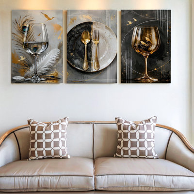 3 Pieces Elegant Dining Theme Large Wall Art with Gold Accents, Three Pieces Wall Art for Living Room, Bedroom, Office, and Home Decor, Ready to Hang