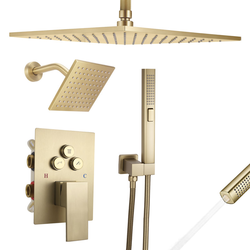 Système de douche à pluie or brossé avec inverseur à bouton-poussoir, pommes de douche à main et doubles 2-en-1, ensemble de douche à haute pression de 12 pouces au plafond et mural de 6 pouces