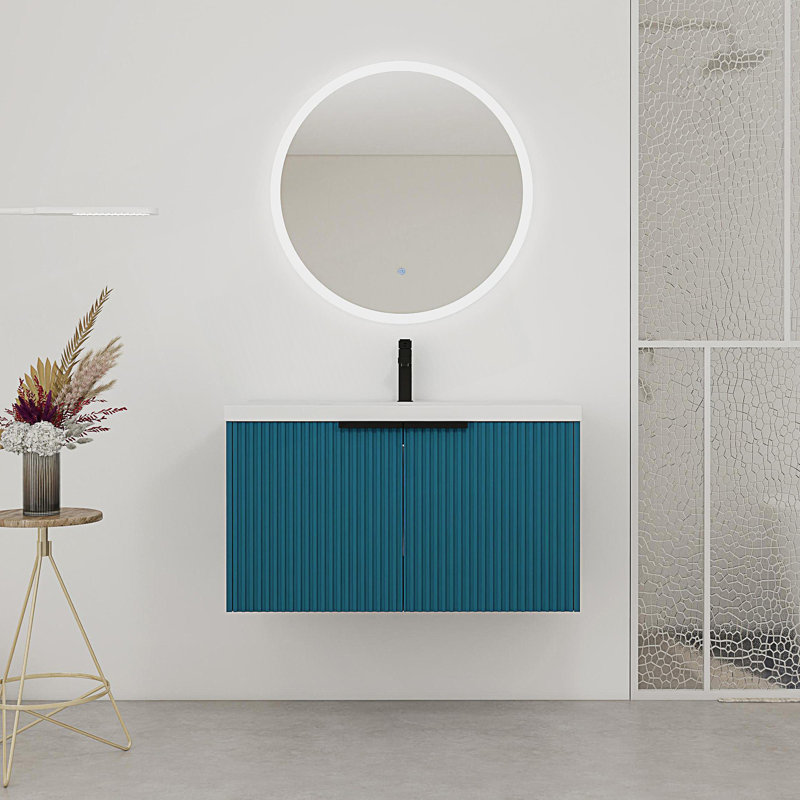 Meuble-lavabo mural avec lavabo en résine et 2 portes à fermeture en douceur, Bleu lac