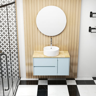 Meuble-lavabo mural: double tiroir 36 po + porte simple, armoire bleue, plateau en bois massif, lavabo rond, miroir facile à utiliser, tiroir en céramique naturelle et grand espace de rangement
