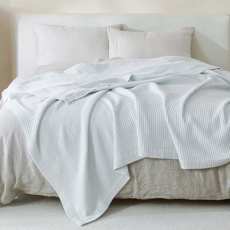 Couverture 100% coton gaufré Minali, Double/grand, Bleu givré