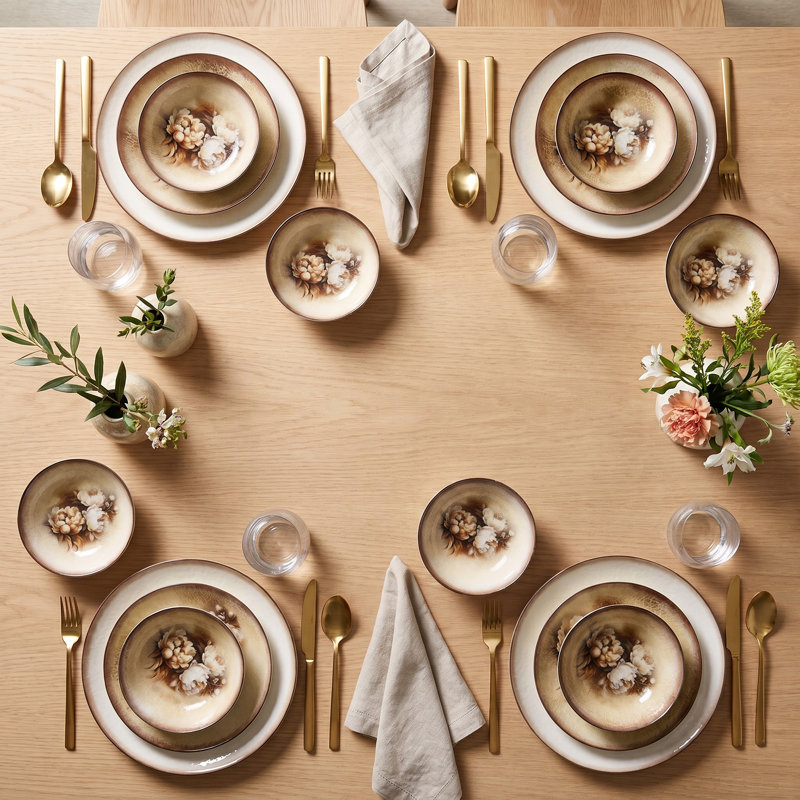 Service de table en porcelaine rétro pivoine et os crème (service de 26 pièces pour 6 personnes)
