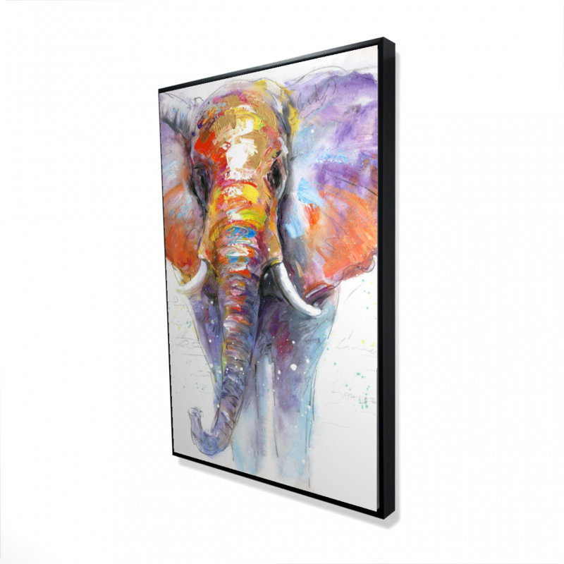 Impression d'éléphant coloré sur toile, H 36 po x l 24 po, Toile encadrée noire