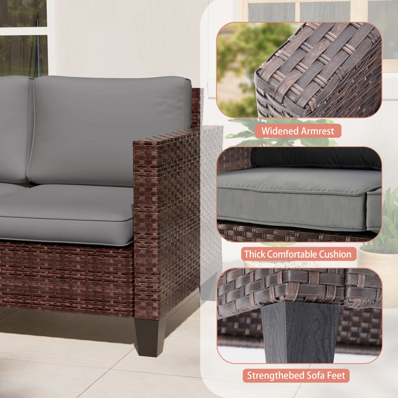 Patio Loveseat Sofa PE  Rattan Set With Thick Cushions and Sturdy Frame, Brown, Gray