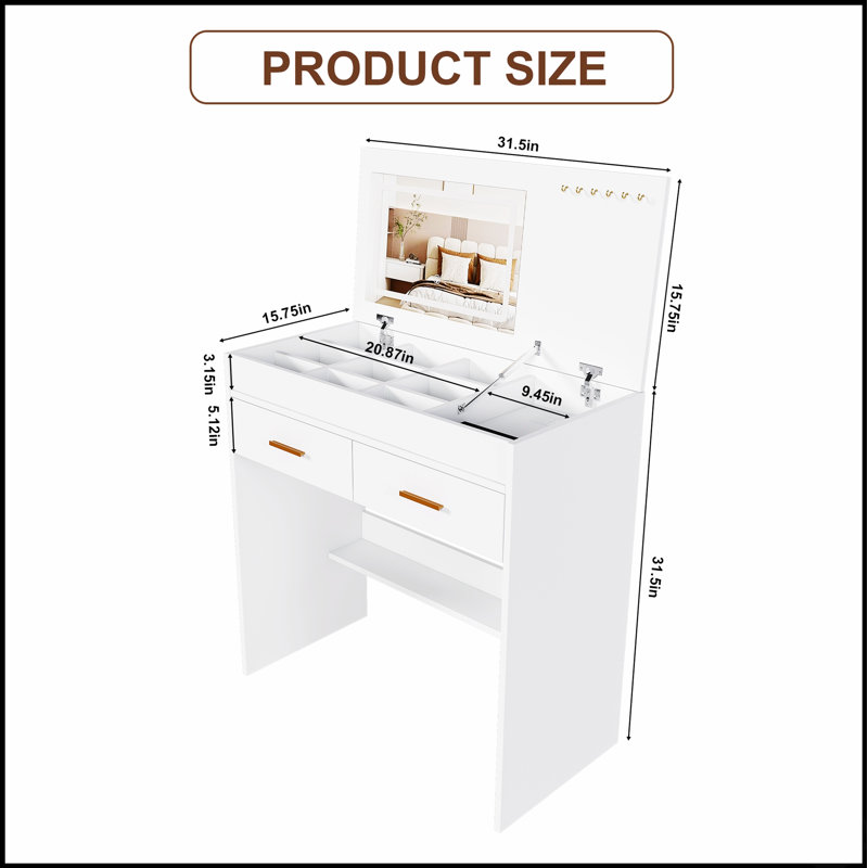 Flip Top Vanity Desk With LED Lighted Mirror & Built-In Outlet - Makeup Table With Drawers, Storage, And Hooks