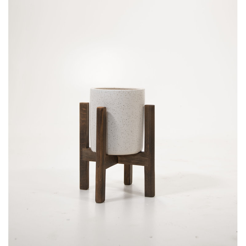 Wood Pot Planter, 5" H x 4.7" W x 4.7" D, Matte Ivory/Walnut