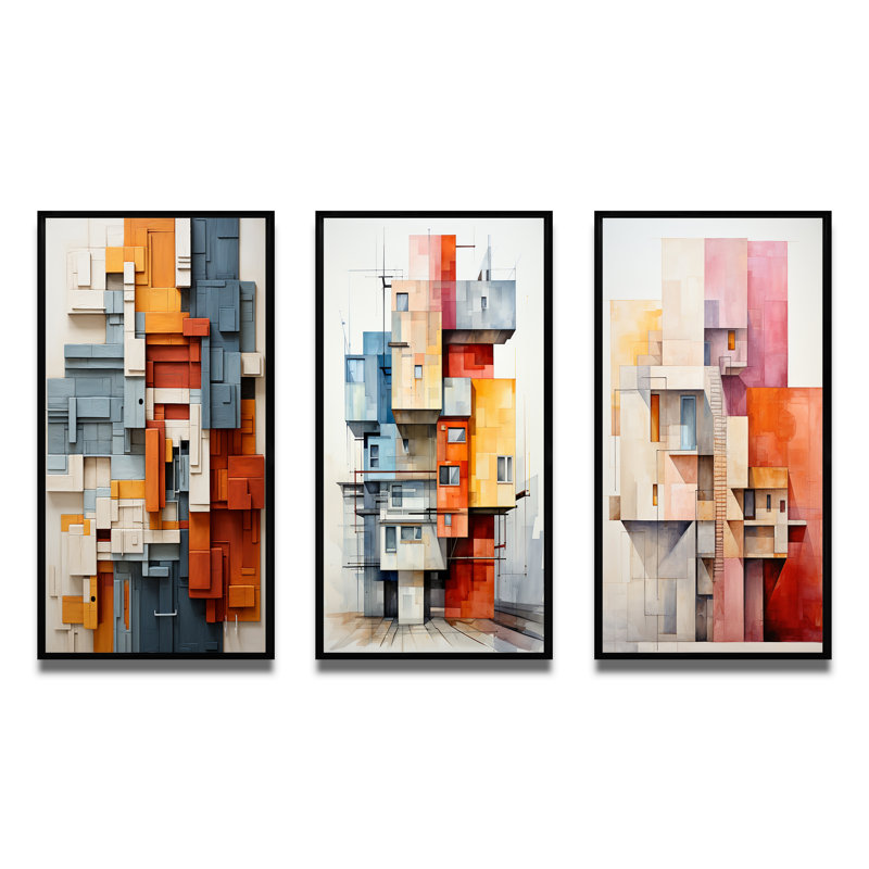 «Constructivism Construit Horizons I», 3 pièces, Cadre noir, H 28 po x l 36 po